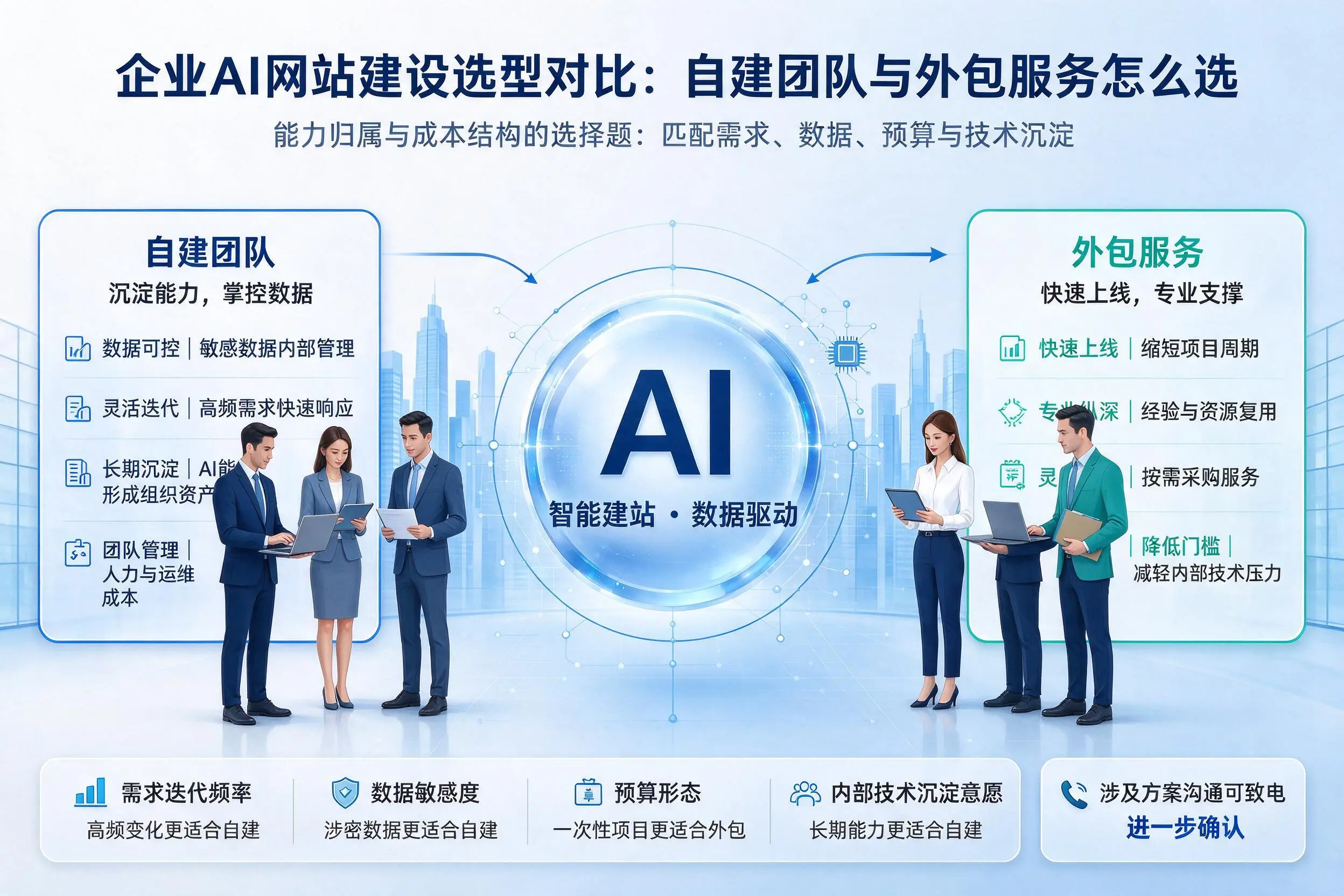 新余企业AI网站建设选型对比:自建团队与外包服务怎么选